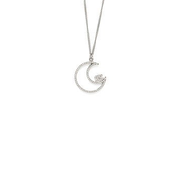 Chanel 17K Moon with CC Logo Necklace Crystal Silver Tone