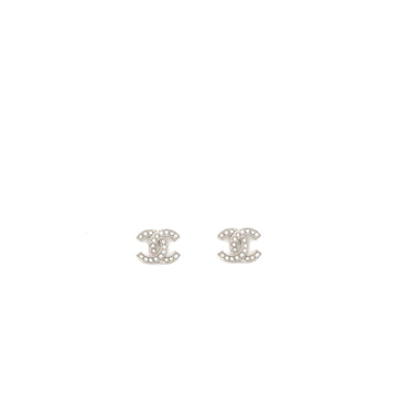 Chanel CC Logo Earrings Crystal Silver Tone