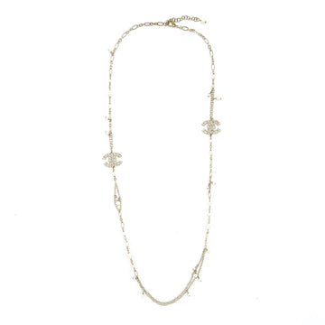 Chanel Mini Pearl CC Logo Long Necklace Light Gold Tone