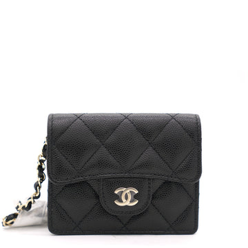 Chanel Black Caviar Leather Flap Card Holder with Chain