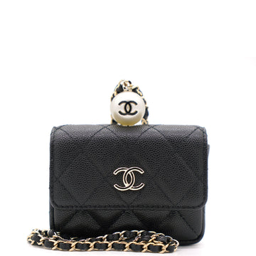Chanel Black Caviar Leather Pearl Flap Card Holder with Short Chain