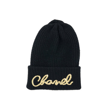 Chanel Cashmere Beanie Black With Gold Letters