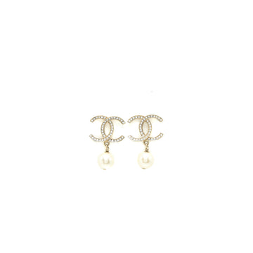 Chanel CC Logo and Pearl Drop Earrings Light Gold Tone