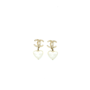 Chanel 22C CC Logo Heart Drop Earring Light Gold Tone