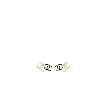 Chanel Double CC Logo Crystal Earrings Black and White Light Gold Tone