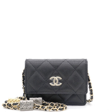 Chanel Black Quilted Caviar Leather Flap Card Holder with Charm Chain