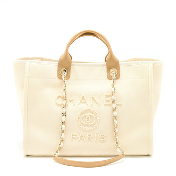Chanel Deauville Tote Bag Fabric/Leather Creamy White/Beige GHW
