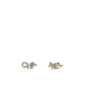 Chanel Gold Metal And Crystal Logo Letter Stud Earrings