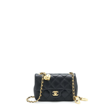 Chanel seasonal Mini Rectangular Flap Bag Heart Charm Chain Lambskin Black GHW (Microchip)