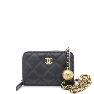 Chanel Black Lambskin Leather CC Zip Around Purse with Gold Ball Chain