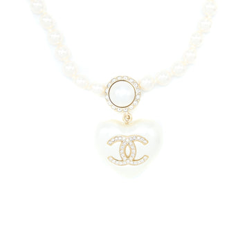 Chanel CC Logo Heart Necklace Pearl/Crystal Light Gold Tone