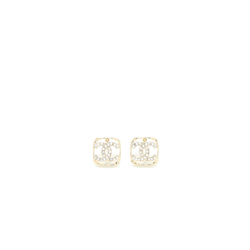 Chanel Square CC Logo Earring Crystal Light Gold Tone