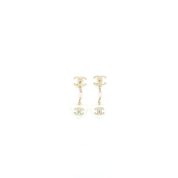 Chanel CC Logo Heart Drop Ear Clips Crystal/Pearl Light Gold Tone