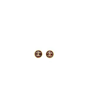 Chanel 22K Round With CC Earrings Ruby Gold Tone