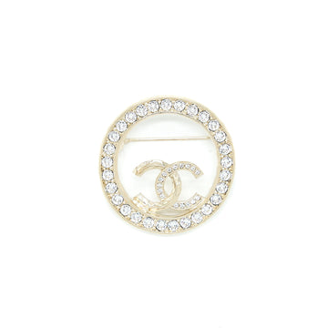 Chanel Round CC Logo Brooch Crystal Light Gold Tone