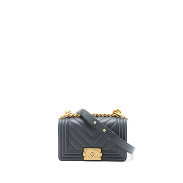 Chanel Small Boy Bag Chevron Caviar Dark Grey Brushed GHW (Microchip)