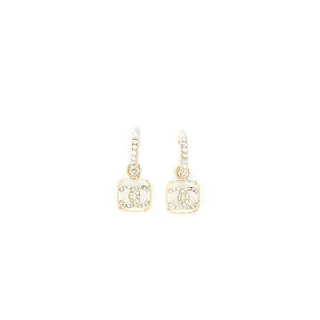 Chanel 23P Square CC Logo Drop Earrings Crystal Light Gold Tone