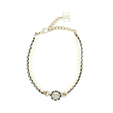 Chanel Crystal CC Logo Leather Chain/ Pearl Chocker Light Gold Tone