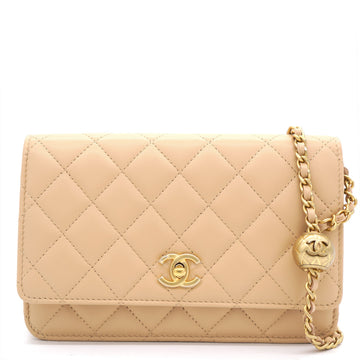 Chanel Lambskin Quilted CC Pearl Crush Wallet on Chain WOC Beige