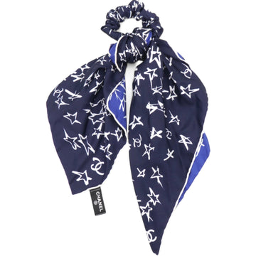 Chanel Hair Tie With Scarf In Blue Silk Navy Blue