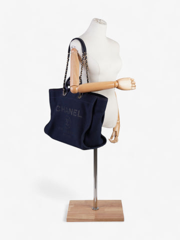 Chanel Deauville Tote Navy Blue Fabric Large