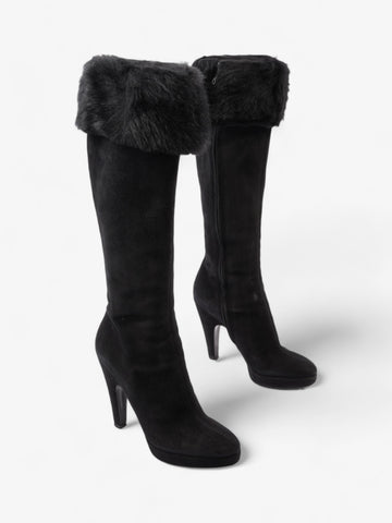 Prada Fur Trim Calf Boots 100mm Black Suede EU 37 UK 4