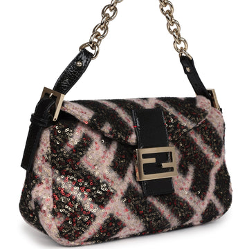 Fendi Shoulder Bag Pink and Black Zucca Wool Sequins Light Gold Hardware