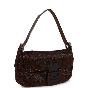 Fendi Baguette Bag Brown Beaded Satin Silver Hardware