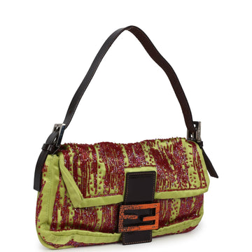 Fendi Baguette Bag Green and Red Beaded Satin Orange Python Silver Hardware