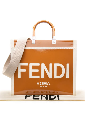 FENDI Signature Sunshine Ecru Canvas and Light Brown Patent Leather Medium Shopper Tote Bag (New)