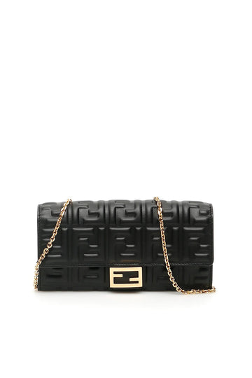 FENDI FF BAGUETTE EMBOSSED LEATHER SHOULDER BAG WALLET ON A CHAIN