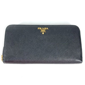 PRADA Long Wallet Purse Safiano leather black logo Zip Around Women Used