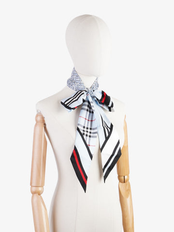 Burberry Triple Check Monogram Stripe Skinny Scarf Pale Blue Silk