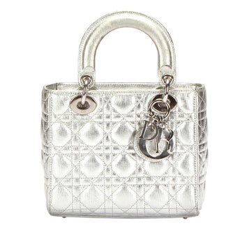 Dior Cannage Lady Dior Metallic Leather Satchel Silver