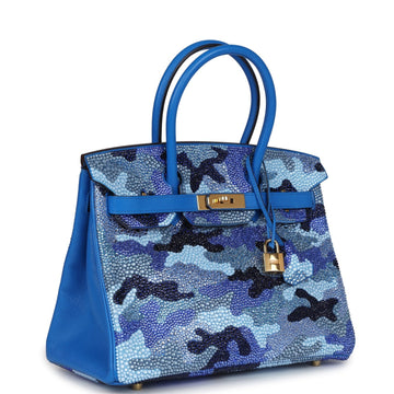 Custom Camouflage SwaroECki Crystal Hermes Birkin 30 Bleu Hydra Chevre Gold Hardware