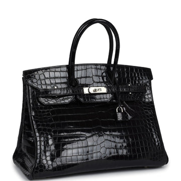 Hermes Birkin 35 Black Shiny Porosus Crocodile Palladium Hardware
