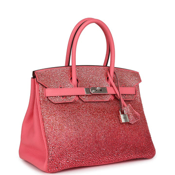 Custom Ombre SwaroECki Crystal Hermes Birkin 30 Rose Azalee Clemence Palladium Hardware