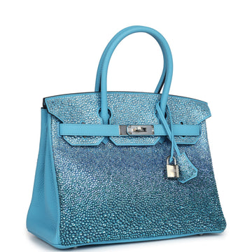 Custom Ombre SwaroECki Crystal Hermes Birkin 30 Bleu Du Nord Clemence Palladium Hardware