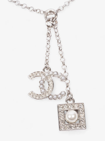 Chanel CC Pearl Square Necklace Silver Base Metal