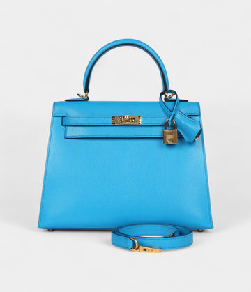 Hermes Kelly 25 Bleu Frida Chevre Gold Hardware