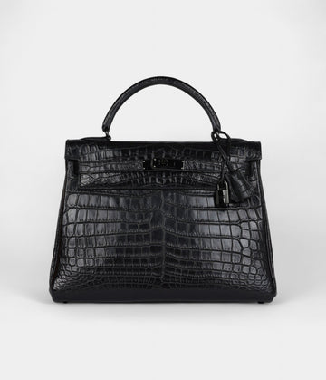 Hermes Kelly 32 Black Matte Niloticus Crocodile Black Hardware