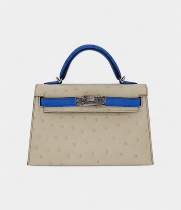 Hermès Kelly II Sellier Mini Beton/Bluette Ostrich Palladium Hardware