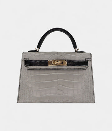 Hermès Kelly II Sellier Mini Gris Perle/Black Matte Alligator Permabrass Hardware