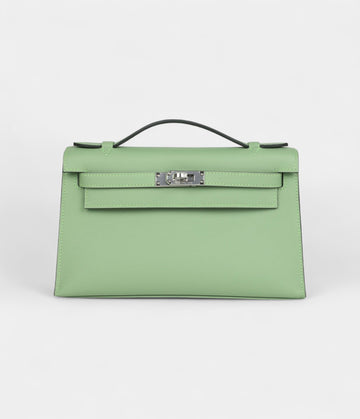 Hermès Kelly Pochette Vert Criquet Swift Palladium Hardware