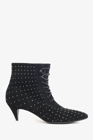 Saint Laurent Black Suede Crystal Embellishments Lace-Up Boots Size 37