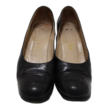 Chanel Black Leather Classic Cap Toe Heels Pumps Shoes Size