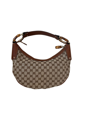 Gucci EC Bamboo Beige & Dark Brown Jacquard & Leather Handbag