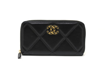 Chanel  Black Quilted Lambskin Leather Long Zip Around Wallet