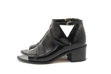 Chanel Black Patent Leather Peep Toe Short Ankle Boots .