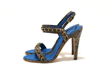 NEW Chanel Blue Leather and Tweed Chain Strap Sandal Heel Shoes Size